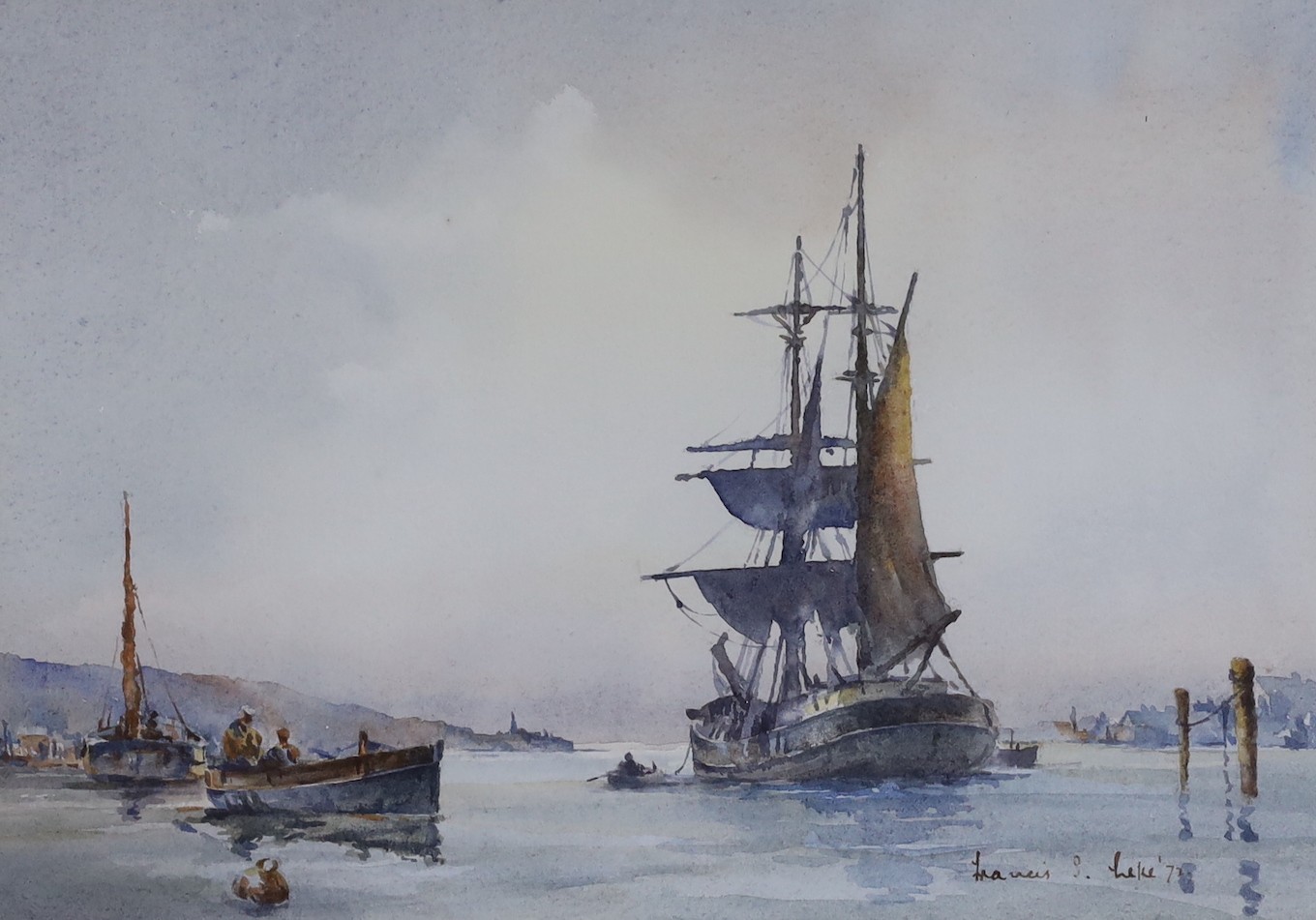 Francis S. Leke (b.1912), watercolour, Shipping on an estuary, signed and dated .72, 25 x 36cm